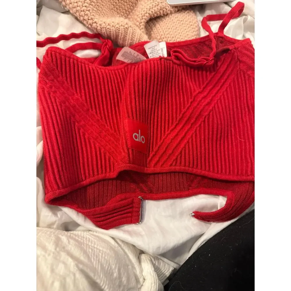 $118 alo yoga DENIM KNIT GARTER TANK in Bold Red .orig$118 Size XS